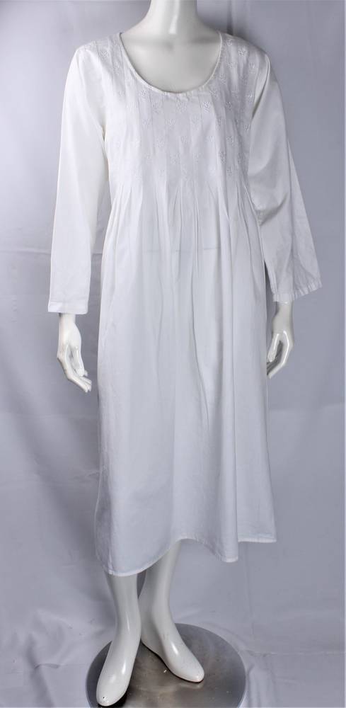Cotton poplin winter L/S nightie w embroidered floral yoke  white Style :AL/ND-451